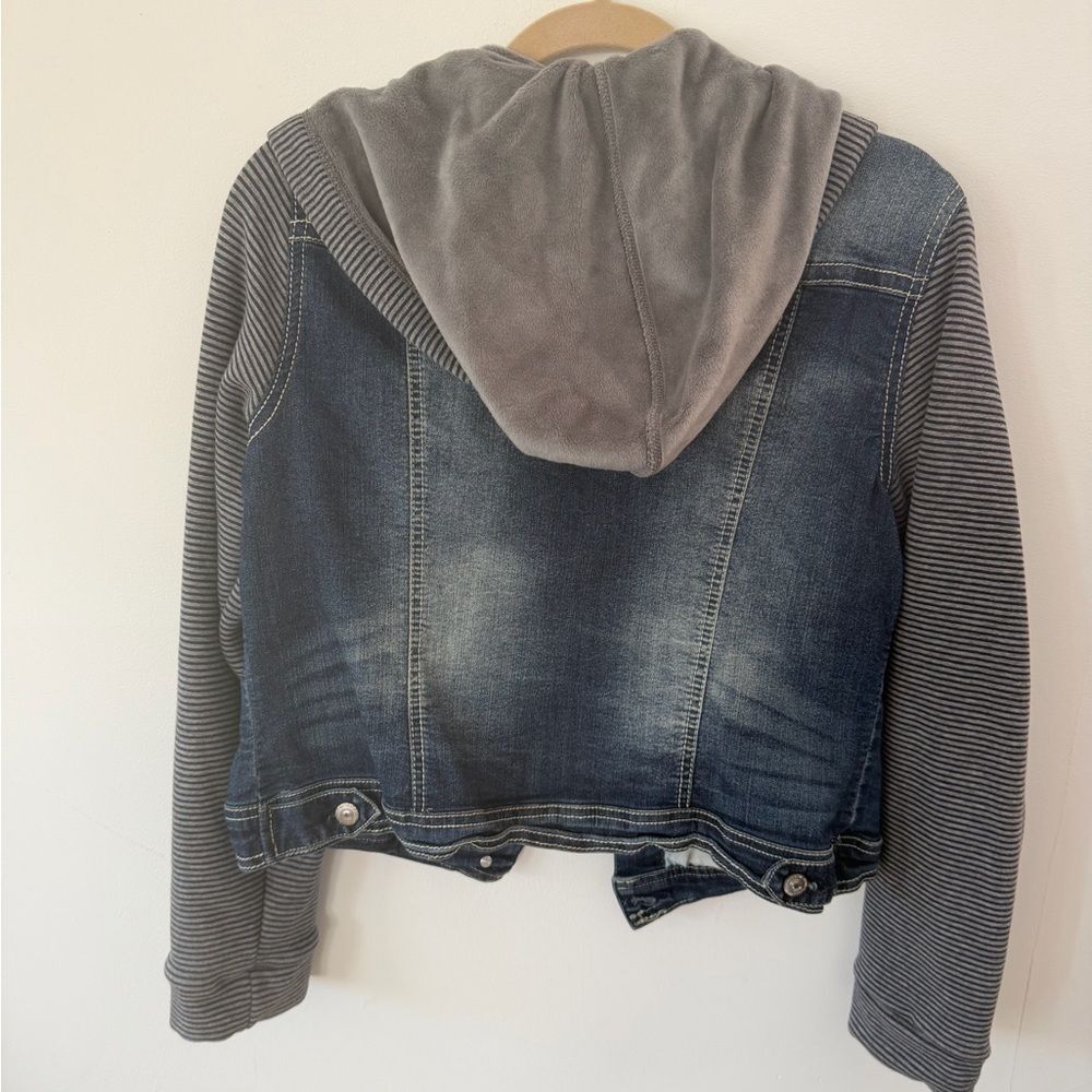 Wallflower Blue Denim Jacket with Gray Hood & Striped Knit Sleeves - Picture 5 of 5